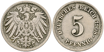 Германия 5 пфеннигов 1908 E KM 11, Jager 12, Weege 6 медно-никель 4364-1747