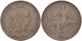 ФРАНЦИЯ 10 САНТИМОВ 1916 ТИП ДАНИЭЛЬ ДЮПЮИ, INCLUS KM 843, LA FRANC 136.28 бронза 109-414
