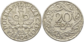 ПОЛЬША 20 ГРОШЕЙ 1923 KM 12 никель 112-623
