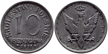 ПОЛЬША 10 ФЕНИГОВ 1917 FF, ПЕРВАЯ МИРОВАЯ ВОЙНА, НЕМЕЦКАЯ ОККУПАЦИЯ, ЛЕГЕНДА НЕ КАСАЕТСЯ КРАЯ KM 6 железо 26-247