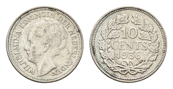 Нидерланды 10 центов 1936 Вильгельмина I (1890-1948) KM 163 серебро 4659-1153