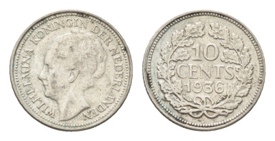 Нидерланды 10 центов 1936 Вильгельмина I (1890-1948) KM 163 серебро 4659-1153