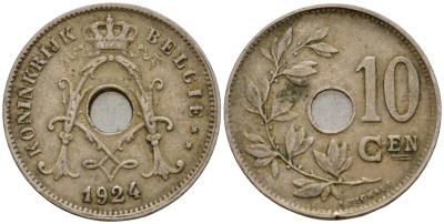 Бельгия 10 сантимов 1924 Belgie KM 86 медно-никель 26-612