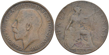 Великобритания 1/2 пенни 1917 Георг V (1910-1936) KM 809, Spink 4056 бронза 4544-435