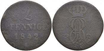 Ганновер 2 пфеннига 1842 A, Эрнст Август (1837-1851) KM 174.1 медь 71-1646