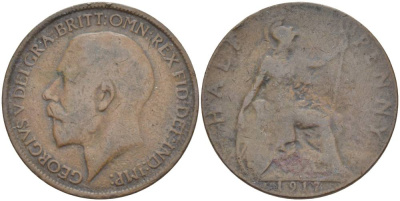 Великобритания 1/2 пенни 1917 Георг V (1910-1936) KM 809, Spink 4056 бронза 4544-435