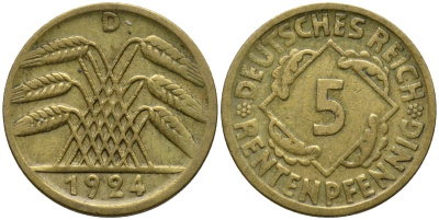 Германия 5 рентенпфеннигов 1924 D KM 32 алюминиевая бронза 4396-332