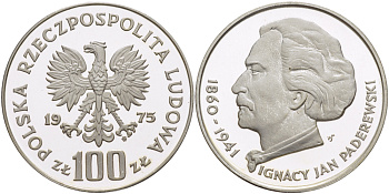Польша 100 злотых 1975 MW, Игнаций Ян Падеревский (1860-1941) KM 77, Parchimowicz 273 серебро PROOF 1084-10-61