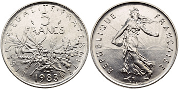 Франция 5 франков 1983 сеятель, тираж 100972 экземпляров KM 926a.1, LE FRANC 341.15 медно-никель плакированный никелем  UNC  1530-1414