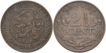 Нидерланды 2 1/2 цента 1915 Вильгельмина (1890-1948) KM 150 бронза 4116-315