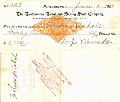 США чек на 41,55 долларов 1901 Филадельфия бумага 3295-104-2-2