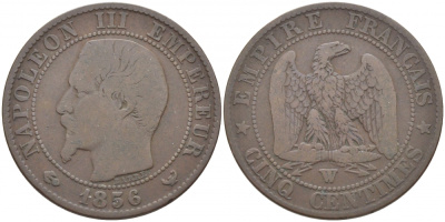 ФРАНЦИЯ 5 САНТИМОВ 1856 W, НАПОЛЕОН III (1852-1870) KM 777.7, LA FRANC 116.36 бронза 4448-115