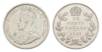 Канада 10 центов 1933 Георг V (1910-1936), редкий год - 672.368 экземпляров KM 23a серебро 3711-1825