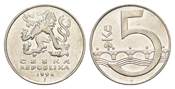 Чехия 5 крон 1994 чешский лев, Карлов мост KM 8 сталь плакированная никелем 4529-657