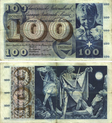 Швейцария 100 франков 1963 28 марта 1963, серия 33 O, подпись 40 Pick 49 e бумага 8606-19-1-2