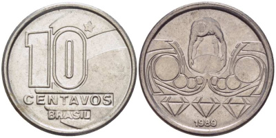 Бразилия 10 сентаво 1989 золотодобыча KM 613 нержавеющая сталь 112-514