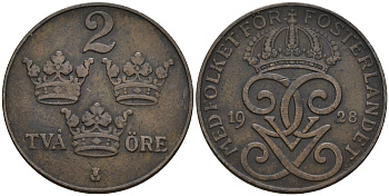 Швеция 2 эре 1928 Густав V (1907-1950) KM 778 бронза 4608-411