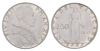 Ватикан 50 лир 1957 MCMLVII, Пий XII KM 54 нержавеющая сталь aUNC 4648-122