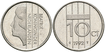 НИДЕРЛАНДЫ 10 ЦЕНТОВ 1992 БЕАТРИКС KM 203 никель 96-542