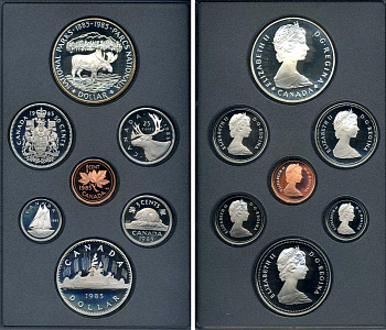 Канада набор из 7 монет 1985 в оригинальной пластиковой упаковке, коробка, сертификат серебро PROOF 3-4-10-3