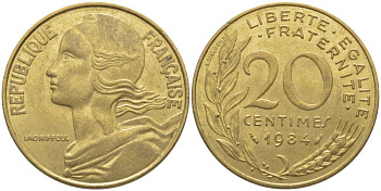 Франция 20 сантимов 1984 тип Marianne KM 930, Le Franс 156.24 медь алюминий никель 175-852