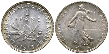 Франция 1 франк 1918 сеятель KM 844.1, Le Franc 217.24 серебро UNC 259-735