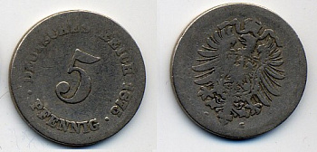 ГЕРМАНИЯ 5 ПФЕННИГОВ 1875 G, СТАРОГЕРБОВКА KM 3, J.3 медно-никель 41-632