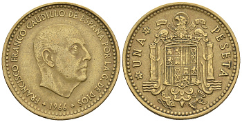 Испания 1 песета 1966 (70) Франциско Франко (1939-1975) КМ 796 алюминиевая бронза 85-655