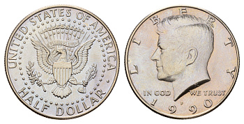 США 1/2 доллара (50 центов) 1990 P, Джон Кеннеди KM A202b медь плакированная медно-никелем UNC 4672-643