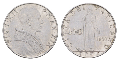 Ватикан 50 лир 1957 MCMLVII, Пий XII KM 54 нержавеющая сталь aUNC 4648-122