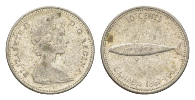 Канада 10 центов 1967 рыба, 100 лет Конфедерации Канада, Ссеребро 0.800, вес 2,3 гр, диаметр 18,3 мм KM 67 серебро 4623-956