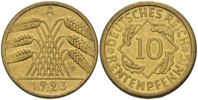 ГЕРМАНИЯ 10 РЕНТЕНПФЕННИГОВ 1923 A, KM 33, J. 309 алюминиевая бронза UNC 413-3832