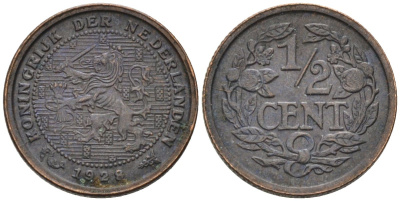 Нидерланды 1/2 цента 1928 Вильгельмина (1890-1948) KM 138 бронза 4576-469