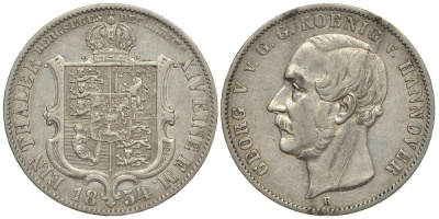 Брауншвейг-Каленберг-Ганновер 1 талер 1854 B, Георг V (1851-1866) КМ 220, Welter 3187, Thun 170, AKS 158, Jaeger 86, Kahnt 237, Davenport 678 серебро 650-1021