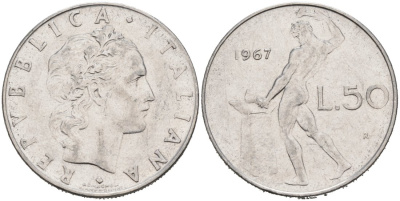 Италия 50 лир 1967 R, Бог огня Вулкан у наковальни KM 95.1 нержавеющая сталь 4571-523