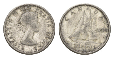 Канада 10 центов 1958 Елизавета II (1952-2022), парусник KM 51 серебро 4623-914