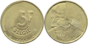 БЕЛЬГИЯ 5 ФРАНКОВ 1986 BELGIE KM 164 латунь или алюминевая бронза 4110-1232