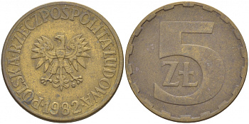 ПОЛЬША 5 ЗЛОТЫХ 1982 MW KM 81.1 латунь 4548-645