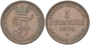 Мекленбург-Шверин 5 пфеннигов 1872 В, Фридрих Франц II (1842-1883) KM 317 (C104), Jaeger 62, AKS 45 медь 00-00