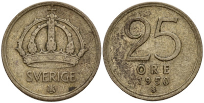 Швеция 25 эре 1950 Густав V (1907-1950) KM 816 серебро 4154-1167