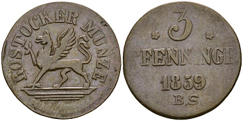 Росток, Мекленбург 3 пфеннига 1859 KM C# 12 медь 46-716