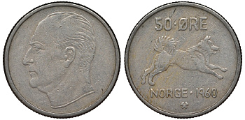 Норвегия 50 эре 1960 Улаф V (1957-1991), собака KM 408 медно-никель 4128-1127