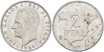 ИСПАНИЯ 2 ПЕСЕТЫ 1984 ХУАН КАРЛОС I ( 1975-) KM 822 алюминий 216-436