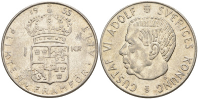Швеция 1 крона 1955 TS, Густав VI Адольф (1950-1973) KM 826 серебро 4148-1146