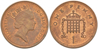 Великобритания 1 пенни 1993 Елизавета II (1952-2022) KM 935a, Spink 4391 (B4) сталь плакированная медью UNC 3955-526