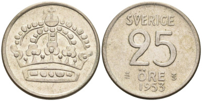 Швеция 25 эре 1953 Густав VI Адольф (1950-1973) KM 824 серебро 4585-447