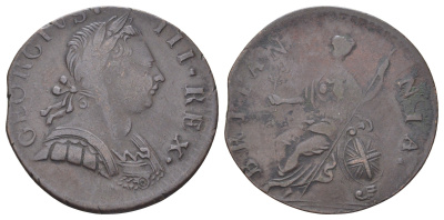 Великобритания 1/2 пенни 1770-1775 Георг III (1760-1820) KM 601, Spink 3774 медь 4707-854