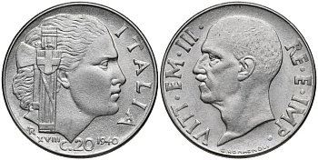 ИТАЛИЯ 20 ЧЕНТЕЗИМО 1940 R, ВИКТОР ЭММАНУИЛ III (1900-1946), РУБЧАТЫЙ ГУРТ, МАГНИТНАЯ, ГОД XVIII KM 75b нержавеющая сталь 4544-1233