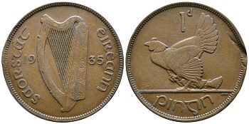 ИРЛАНДИЯ 1 ПЕННИ 1935 КУРИЦА С ЦЫПЛЯТАМИ KM 3 бронза 4110-112