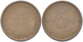 Финляндия 5 пенни 1970 KM 45 медь 218-1269
